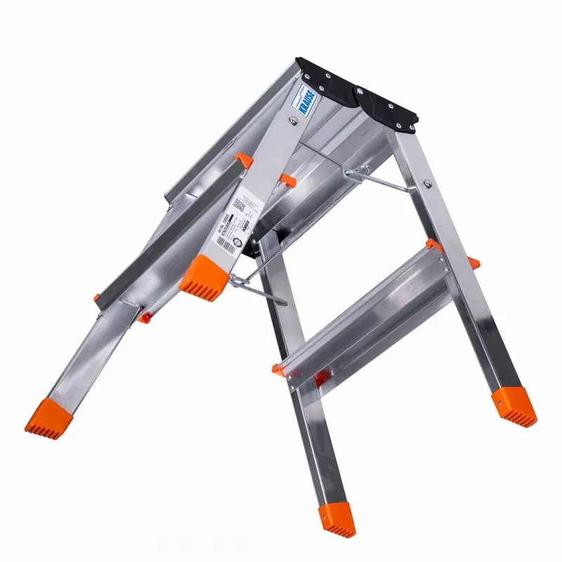 Saliekamās pakāpienu kāpnes Krause Treppy Silver 130020 — alumīnija, 2 pakāpieni, 150 kg ietilpība, salocītas 55×20 cm, svars 2 kg