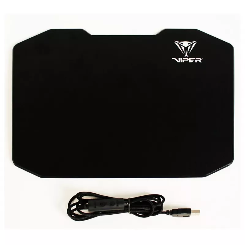 Peļu paliktnis PATRIOT Viper Gaming melns — polimērs/gumija, LED fona apgaismojums, USB barošana, neslīdoša pamatne, 353,5×242,7 mm, 5,5 mm biezums