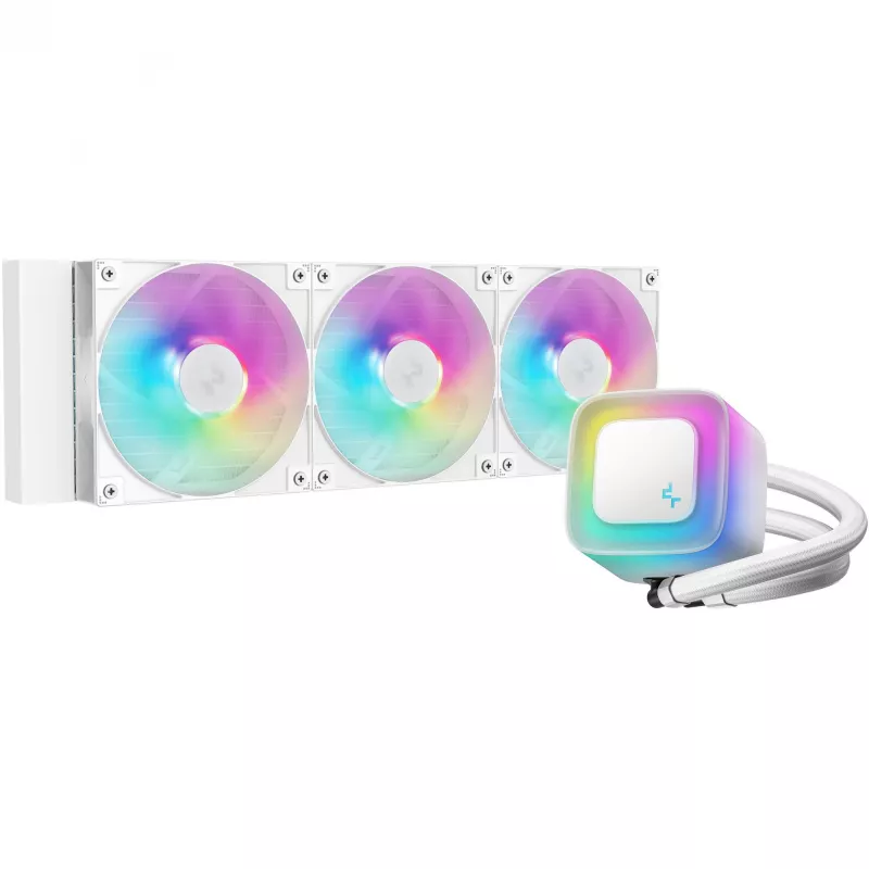Viss vienā šķidruma dzesētājs DeepCool LE360 WH V2 12 cm Balts — 360 mm radiators, 3x120 mm ventilatori, LGA 1851 atbalsts