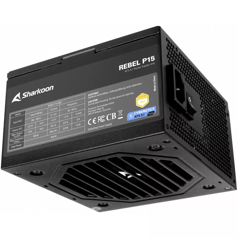 Barošanas bloks Sharkoon Rebel P15 650 — 650W, 1x 12 kontaktu High Power GPU savienotājs, 2x PCIe, modulāri kabeļi