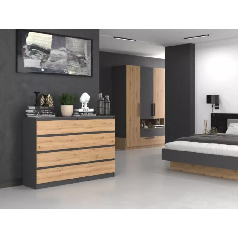 Kumode top e shop M8 140 ANT/ART — 8 atvilktnēm, Antracīta/Ozola, 1380×400×970 mm, Skaidu plātne