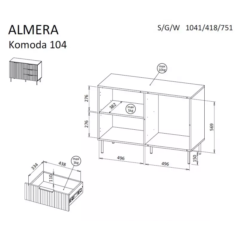 Kumode Cama Meble ALMERA 104x42x75 cm, riekstkoka/kašmira krāsā, 3 atvilktnes, skaidu plāksne
