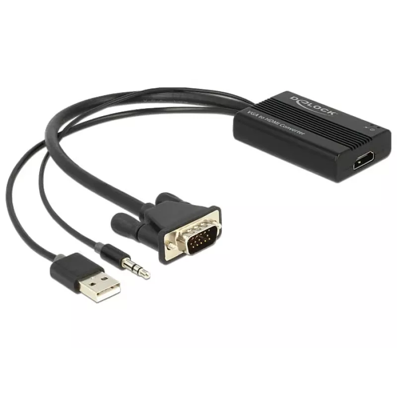 DeLOCK 62597 video kabeļa adapteris 0,25 m, HDMI Type A uz VGA (D-Sub), 3,5 mm un USB Type-A, melns