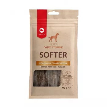 Suņu kārumi MACED Softer Beef with carrot 100 g — mīksti liellopu gaļas un burkānu treniņu kārumi pieaugušiem suņiem