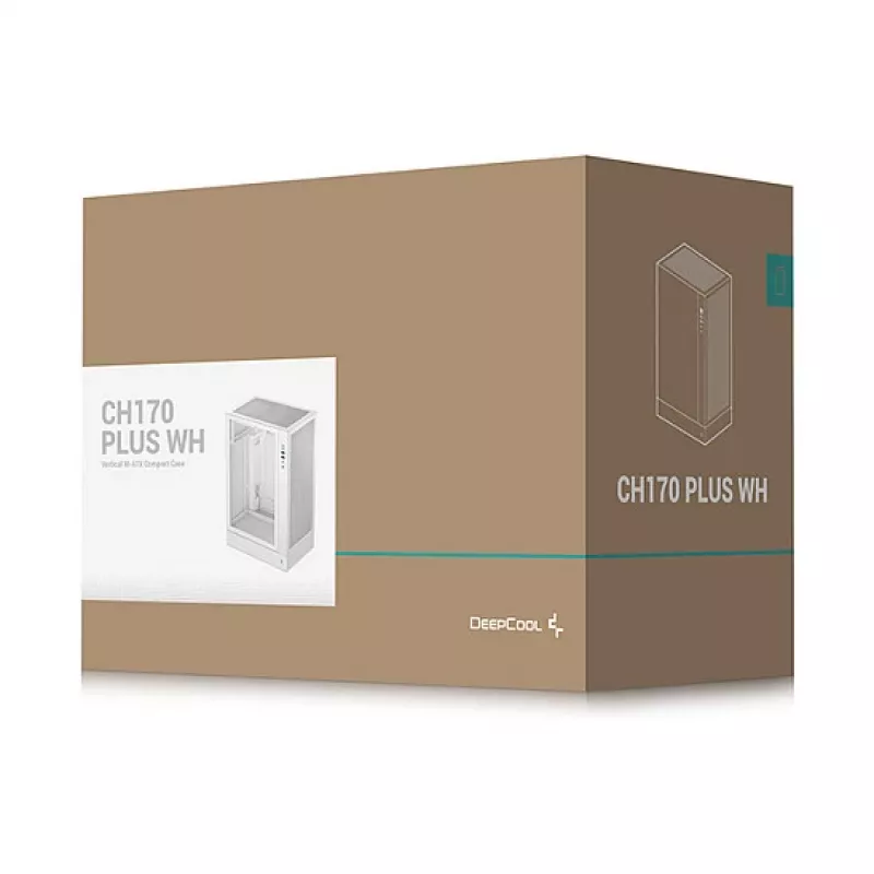 Datora korpuss DeepCool CH170 PLUS WH Midi Tower — balts, rūdīts stikls, atbalsta micro ATX/mini-ITX, GPU līdz 34,2 cm, CPU dzesētāja augstums 164 mm