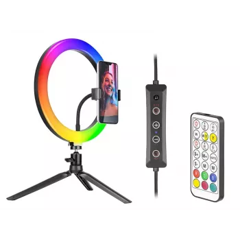 Gredzena lampa RGB 26cm ar statīvu