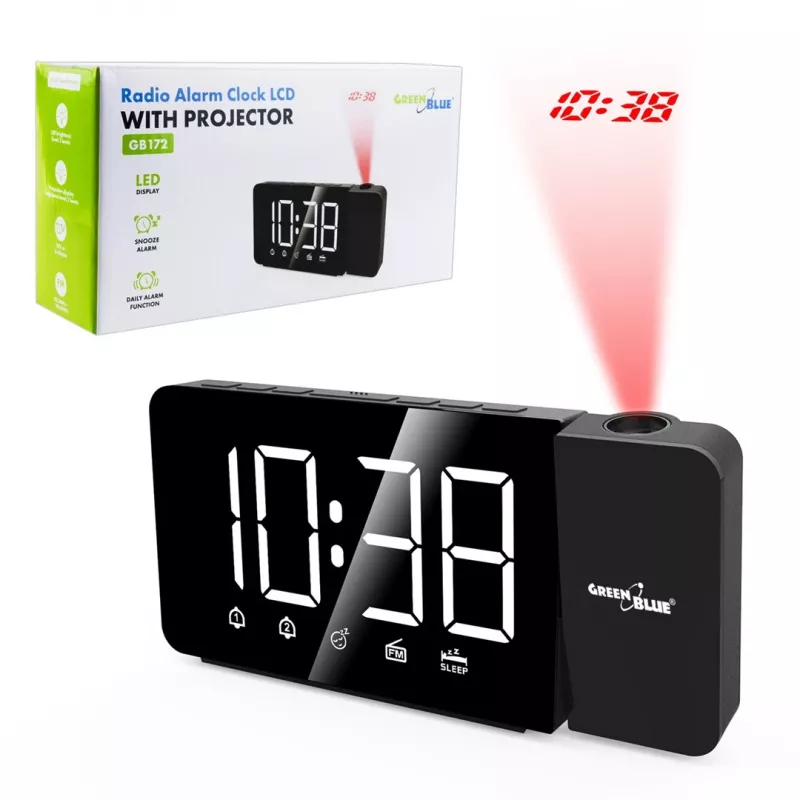 Digitālais LED pulksteņa radio GreenBlue GB172 ar FM uztvērēju, projektoru, termometru, USB 5V un CR2032 barošanu