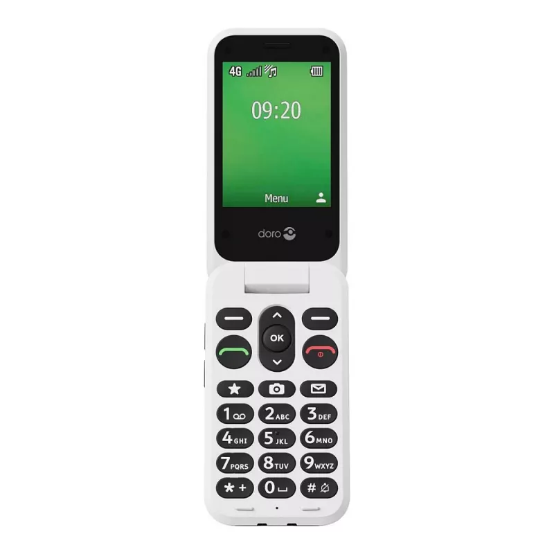 Feature phone Doro Leva E22 atvāžamais, 2,8 collu (7,11 cm) displejs, Viena SIM karte, 0,3 MP kamera, 1150 mAh, 127,8 g, Sarkans/Balts