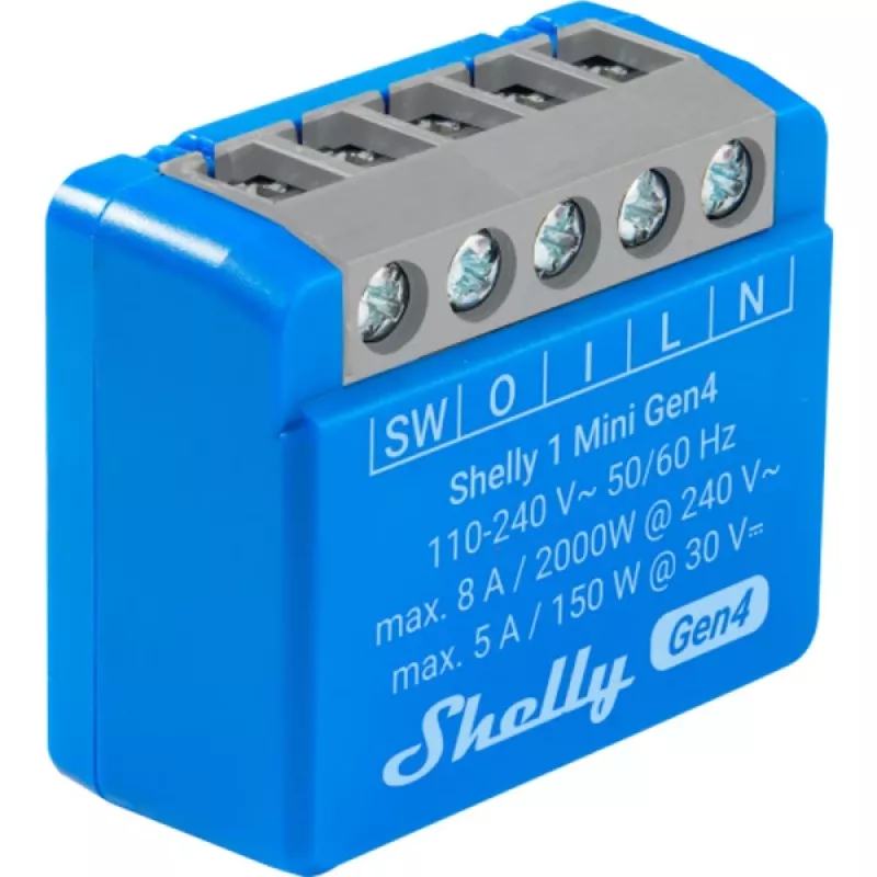 Viedais releja modulis Shelly 1 Mini Gen4, 1P 8A, Wi‑Fi/Matter/Zigbee/Bluetooth, 110–240V, kompakts (2 gab.)