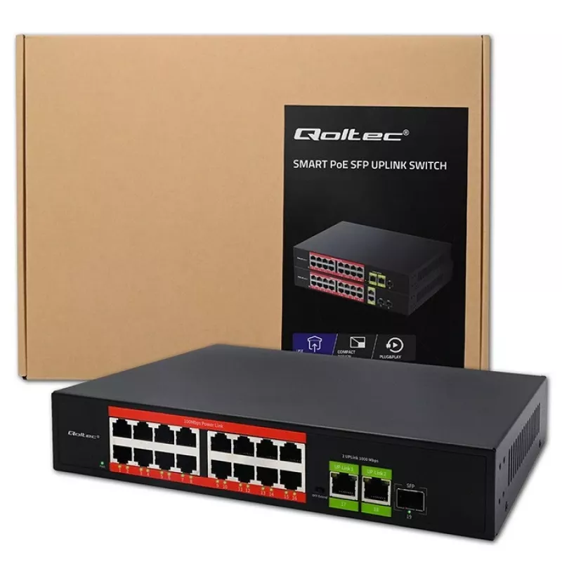 Ethernet PoE komutators QOLTEC 16x RJ45, 2x RJ45 uplink, 1x SFP (MPN 52291)