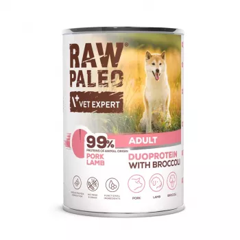 Mitrā suņu barība VETEXPERT RAW PALEO Duoprotein cūkgaļa ar jēra gaļu pieaugušiem suņiem 400 g, bez graudiem, bez lipekļa
