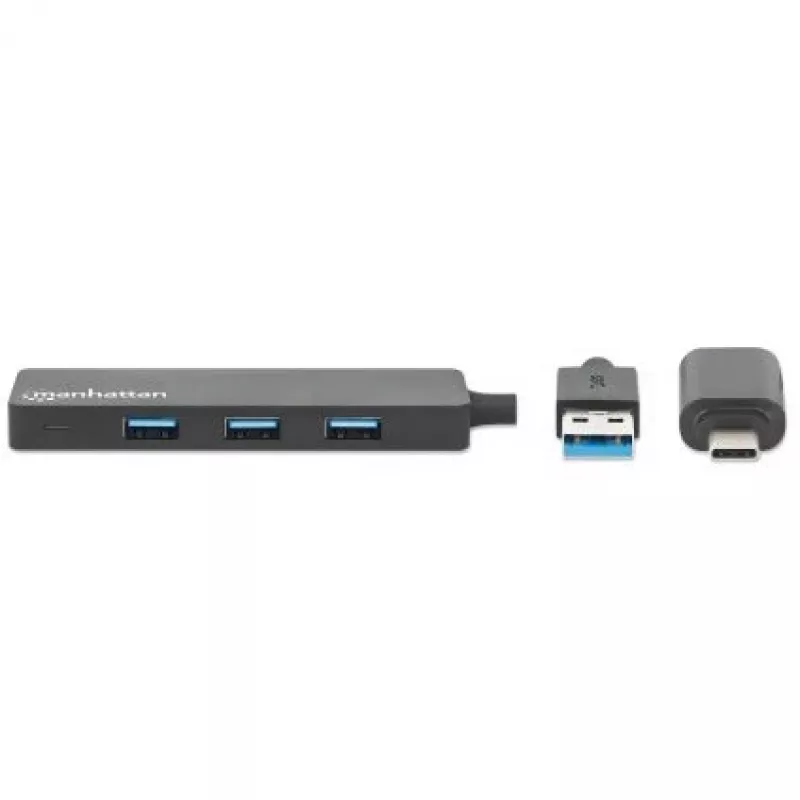 Manhattan USB-C un USB-A kombinētā dokstacija/cents, Porti (4): USB-A (x4), 5 Gbps (USB 3.2 Gen1 jeb USB 3.0), Ar USB barošanu (nav nepieciešams ārējs barošanas avots)