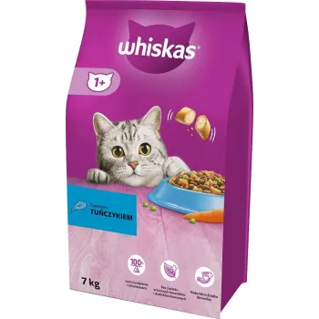 Sausā kaķu barība Whiskas Cat Adult ar tunci 7 kg — pilnvērtīga sausā barība pieaugušiem kaķiem, 30.8% olbaltumvielu, 12% tauku