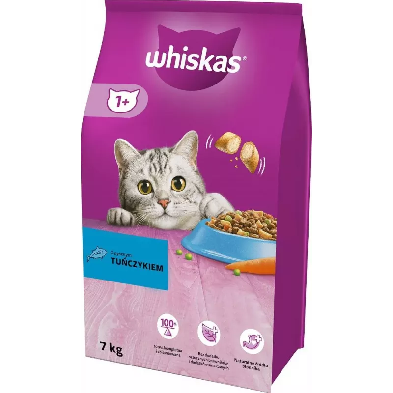 Sausā kaķu barība Whiskas Cat Adult ar tunci 7 kg — pilnvērtīga sausā barība pieaugušiem kaķiem, 30.8% olbaltumvielu, 12% tauku