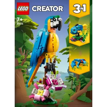 LEGO komplekts Exotic Parrot 31136 — Creator vitrīnas modelis, 253 detaļas, 220×120×110 mm