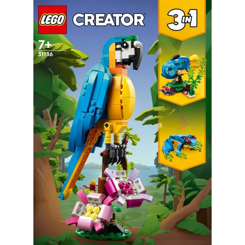 LEGO komplekts Exotic Parrot 31136 — Creator vitrīnas modelis, 253 detaļas, 220×120×110 mm
