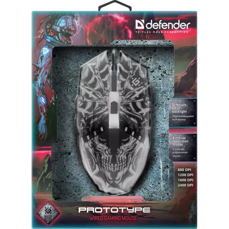 Spēļu pele DEFENDER GM-670L Ambidextrous optiskā, 2400 DPI, 5 pogas, vadu, melna, RGB