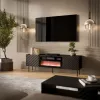 TV skapītis Cama Meble LUCCA 180x40x59 cm, melna virsma un rāmis, skaidu plātne, ietver melnu kamīnu