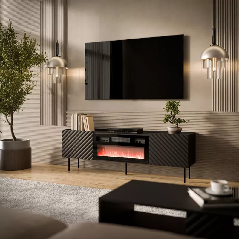 TV skapītis Cama Meble LUCCA 180x40x59 cm, melna virsma un rāmis, skaidu plātne, ietver melnu kamīnu