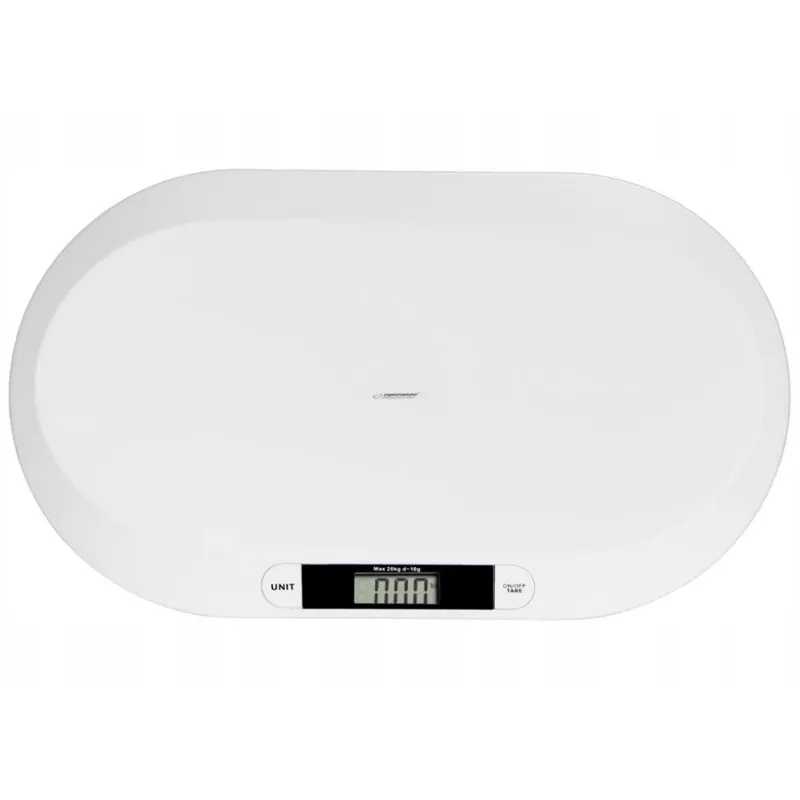 Elektroniskie zīdaiņu svari ESPERANZA EBS019 — ietilpība 0,03–20 kg, iedaļa 0,01 kg, liels 60×25 mm LCD, balts