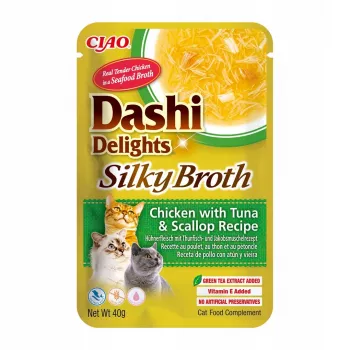 Mitrs kaķu cienasts INABA Dashi Delights — vistas gaļa ar tunča un ķemmešu garšu, 40 g maisiņš, 93% mitrums, 5,5% olbaltumvielas