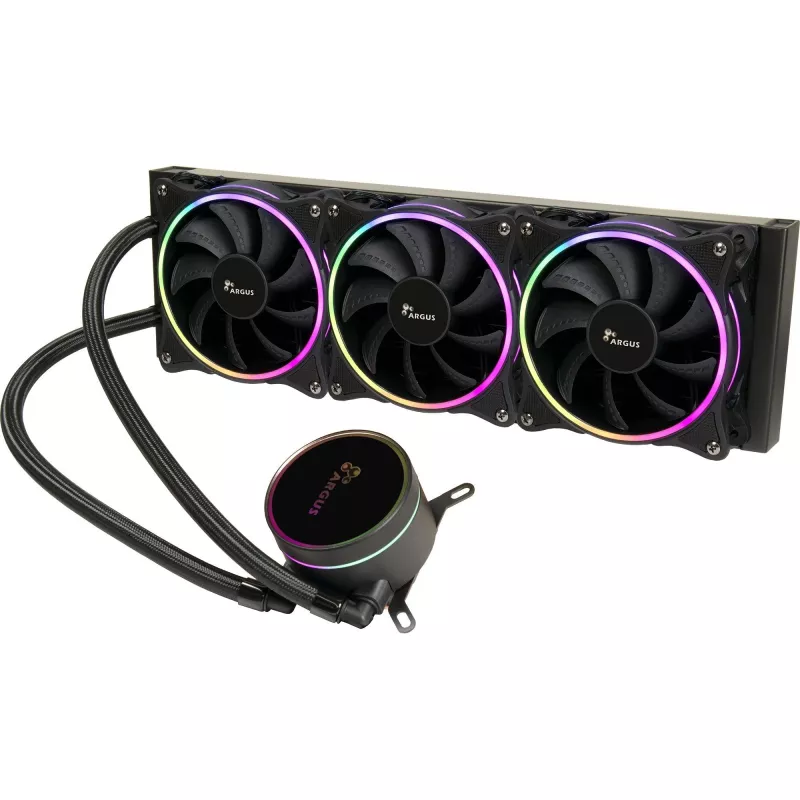 Viss vienā šķidruma dzesētājs INTER-TECH LC-360 RGB — 12 cm ventilators, hidrauliskais gultnis, melns