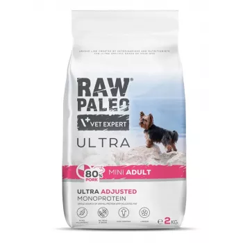 Sausā suņu barība VETEXPERT RAW PALEO Ultra Pork Mini Adult 2 kg — pieaugušiem mazo šķirņu suņiem, cūkgaļa, 31% olbaltumvielu, 17,5% tauku