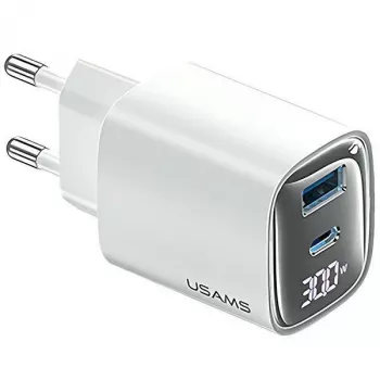 USB un USB-C 30 W GaN ātrais lādētājs usams CC229 balts — LED indikators, kompakts dizains