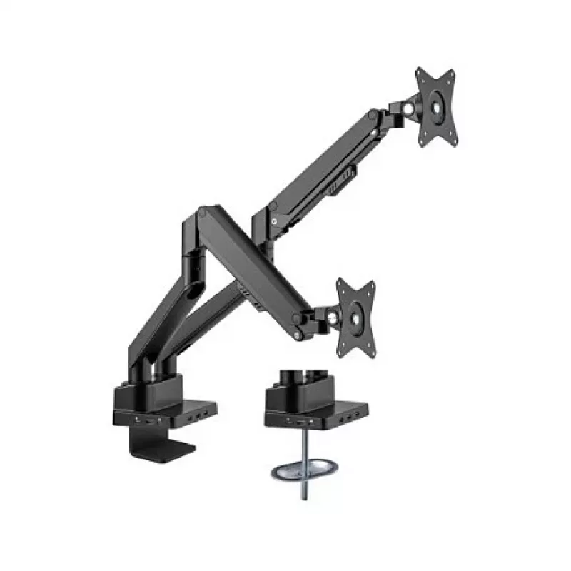 Manhattan Dual Desk Mount for TV & Monitors (Full Motion Gas Spring) ar iebūvētu dokstaciju, Ekrāniem līdz 27 collām, Porti (x7): Ethernet, HDMI (x2), USB-A (x3) un USB-C, Strāvas padeve (100 W) uz USB-C portu (Nepieciešams atsevišķs USB-C sienas lādētājs/kabelis), VESA: 75x75 un 100x100 mm