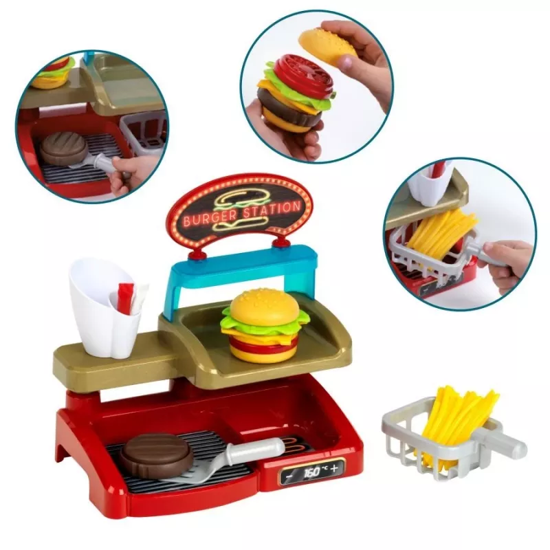 Play Burger Shop komplekts KLEIN 7336 — kompakts dizains, viegli tīrāma bērnu lomu spēles rotaļlieta