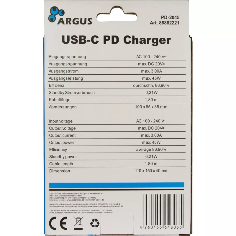 Lādētājs Inter-Tech PD-2045 Universāls Melns AC iekštelpām 20V USB-C