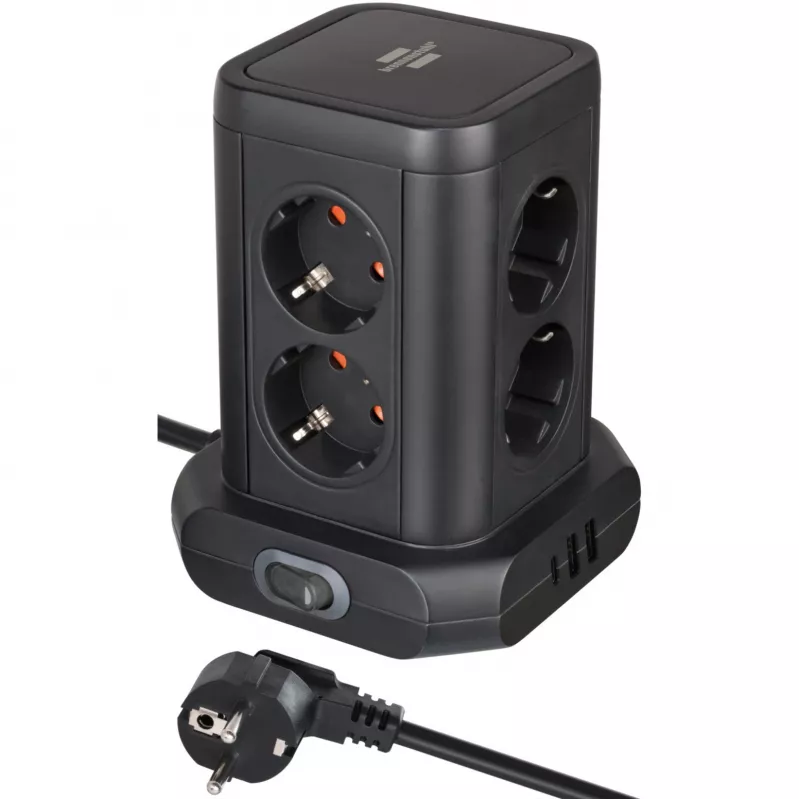 Vertikāla rozetes tornis Brennenstuhl 1153560010 — 8 rozetes, 2×USB-A, 1×USB-C, melns