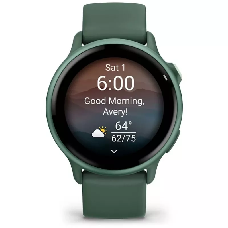 Viedpulkstenis GARMIN vívoactive 6 – sporta pulkstenis, 42 mm alumīnija/polimēra korpuss, AMOLED 1,2 collas, GPS, 5 ATM, optiskais HR, SpO2, 8 GB, zaļš