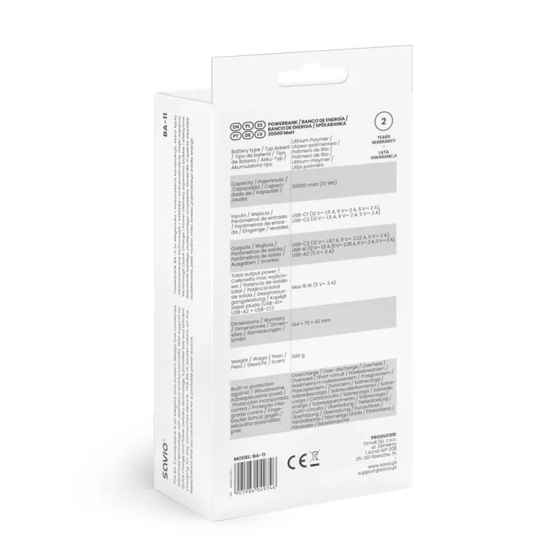 SAVIO BA-10 jaudas banka 30000 mAh (111 Wh), Li-ion, 2x USB-C, 2x USB-A, Quick Charge, Power Delivery