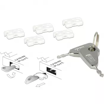 USB portu bloķētāju komplekts USB-A ligzdai, iespraužamā slēdzene balta/sudraba, 5x USB portu bloķētājs, 2x atslēga