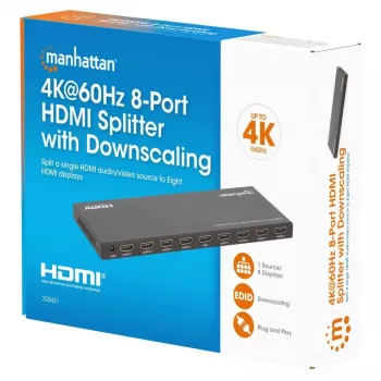 Manhattan 4K@60Hz 8 portu HDMI sadalītājs ar pazeminātu izšķirtspēju, sadala vienu HDMI ieeju astoņās HDMI izejās (1x8), 18G, EDID pārslēgs izšķirtspējas pazemināšanai, melns