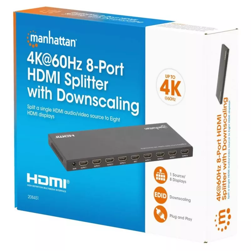 Manhattan 4K@60Hz 8 portu HDMI sadalītājs ar pazeminātu izšķirtspēju, sadala vienu HDMI ieeju astoņās HDMI izejās (1x8), 18G, EDID pārslēgs izšķirtspējas pazemināšanai, melns