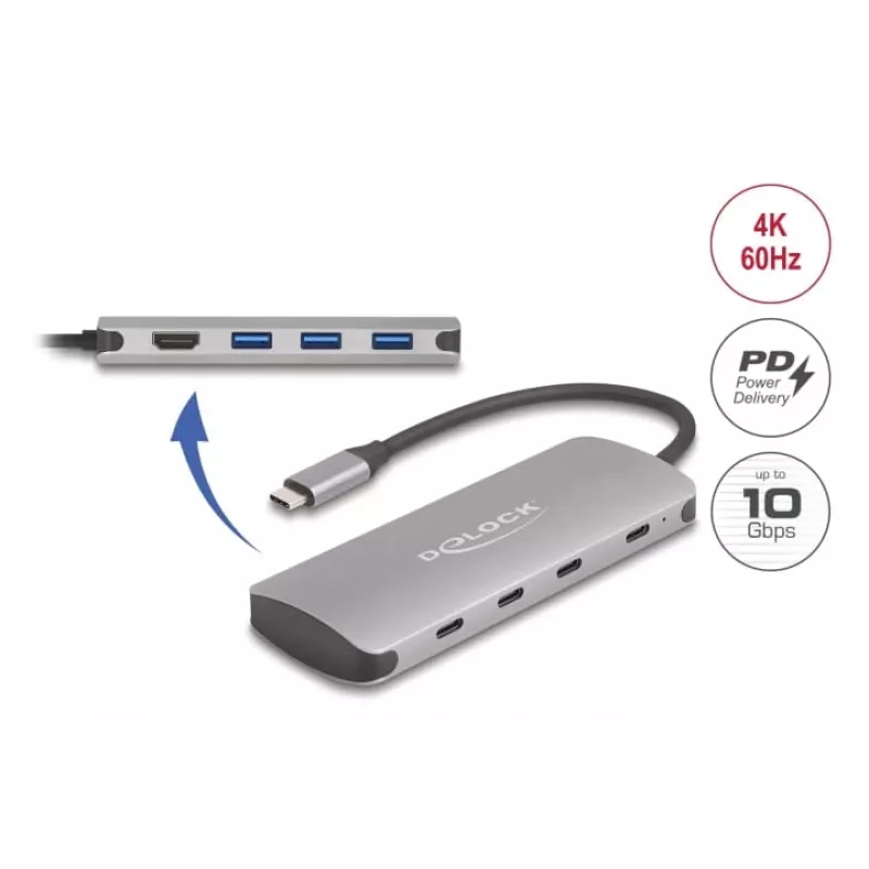 USB-C centrmezgls DELOCK 64323 — USB 3.2 Gen 2 Type-C resursdators, HDMI + 2× USB-A + 2× USB-C, 10 Gbit/s, pelēks