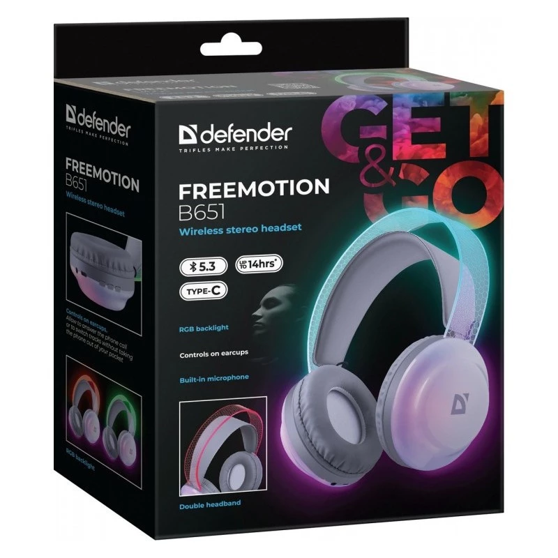 Bezvadu galvas siksnas austiņas DEFENDER Freemotion B651 — binaurālas, slēgtā akustiskā sistēma, 20–20000 Hz, 105 dB, USB-C, AUX