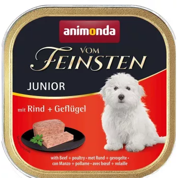 Mitrā suņu barība animonda Vom Feinsten Junior Beef & Poultry paplāte 150 g — augšanai, olbaltumvielas 11%, tauki 7%