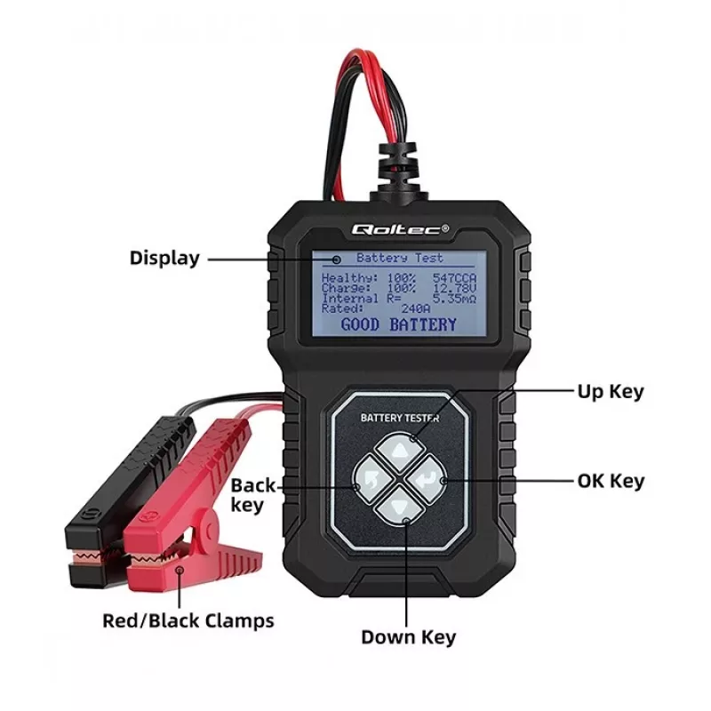 Qoltec Digitālais akumulatora testeris ar LCD | Poļu izvēlne | 12V | AGM | GEL | STD | 30-220AH