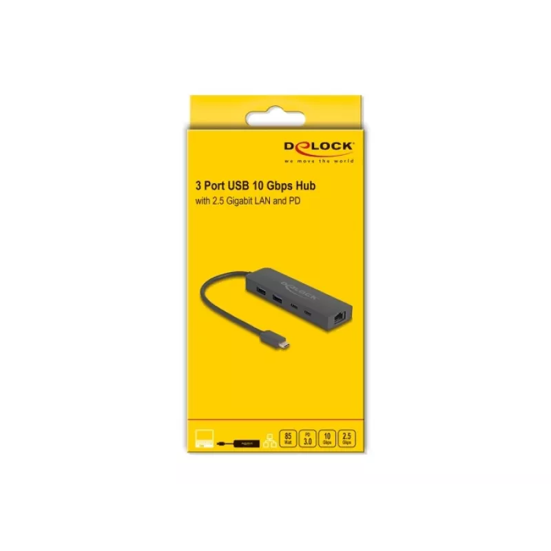 USB centrmezgls DeLOCK 10 Gbps ar 2,5 gigabitu LAN un PD 85 vati