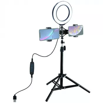 LED gredzena gaisma 16 cm ar statīvu līdz 70 cm un dubulto tālruņa turētāju, USB