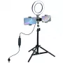 LED gredzena gaisma 16 cm ar statīvu līdz 70 cm un dubulto tālruņa turētāju, USB