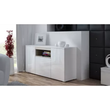 Sānu skapis Cama Meble VIVA 150 — balts/balts spīdīgs un sonoma ozols, 3 durvis, 5 plaukti, 1500×450×800 mm