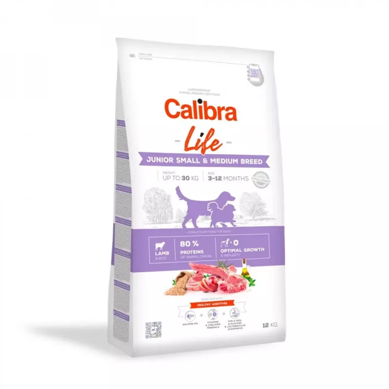 Sausā suņu barība Calibra Life Junior Small & Medium breed Lamb 12 kg — pilnvērtīga sausā barība augošiem suņiem, 28% olbaltumvielu, 18% tauku, 10–15,9 kg smagiem kucēniem