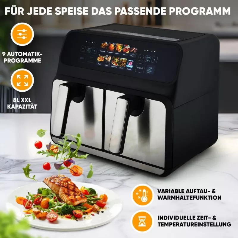 Karstā gaisa fritieris ProfiCook PC-FR 1287 H — dubultā 8 L, 2200 W, skārienjūtīgs LED, melns/nerūsējošais tērauds