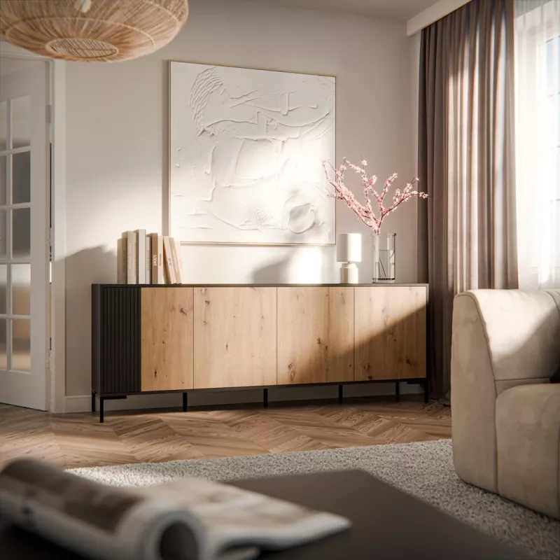 Kumode cama meble MERCI 200 x 40 x 74 cm — melna/amatnieku ozols, skaidu plātne