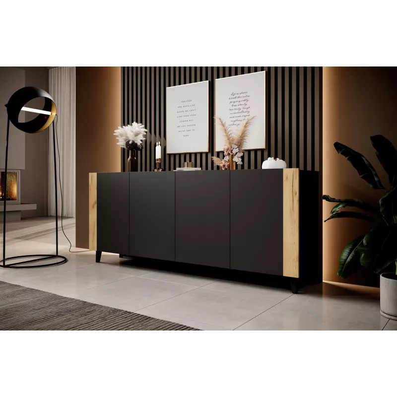 Kumode cama meble FARO KOM200 CZ — 2000×420×820 mm, matēti melns rāmis, ozolkoka frontes