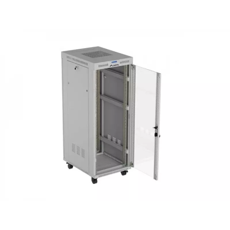 19 collu 32U LANBERG stāvošais rack skapis 600×800 mm pelēks ar stikla durvīm un LCD (plakanais iepakojums)